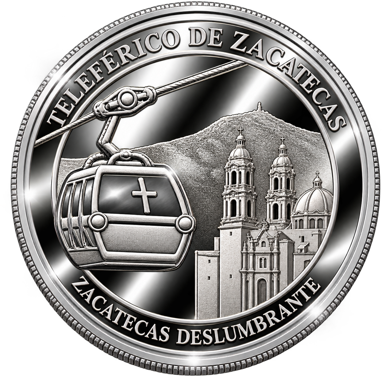 Moneda conmemorativa plateada del Teleférico de Zacatecas