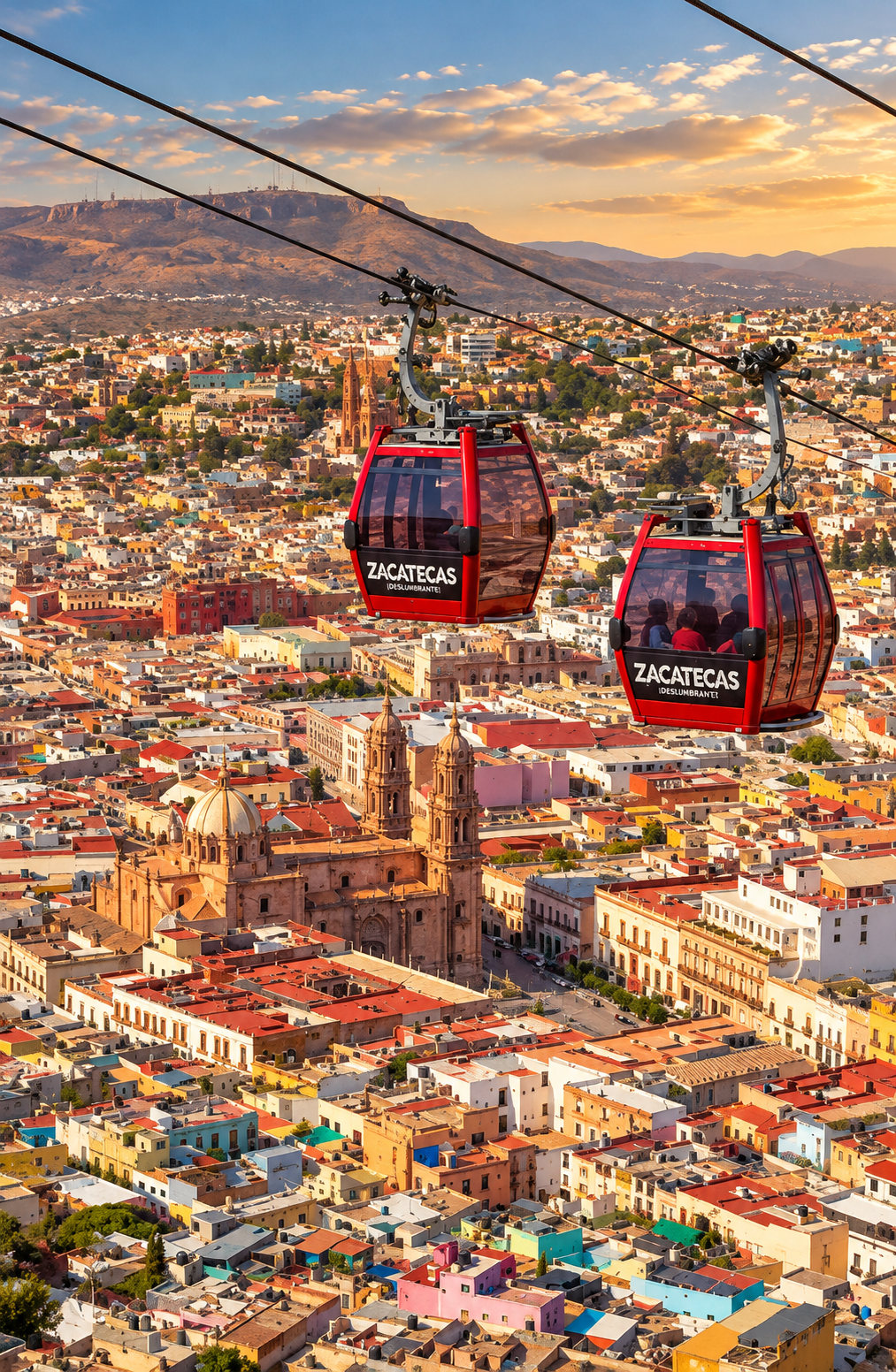 Dos cabinas del teleférico sobre el centro histórico de Zacatecas