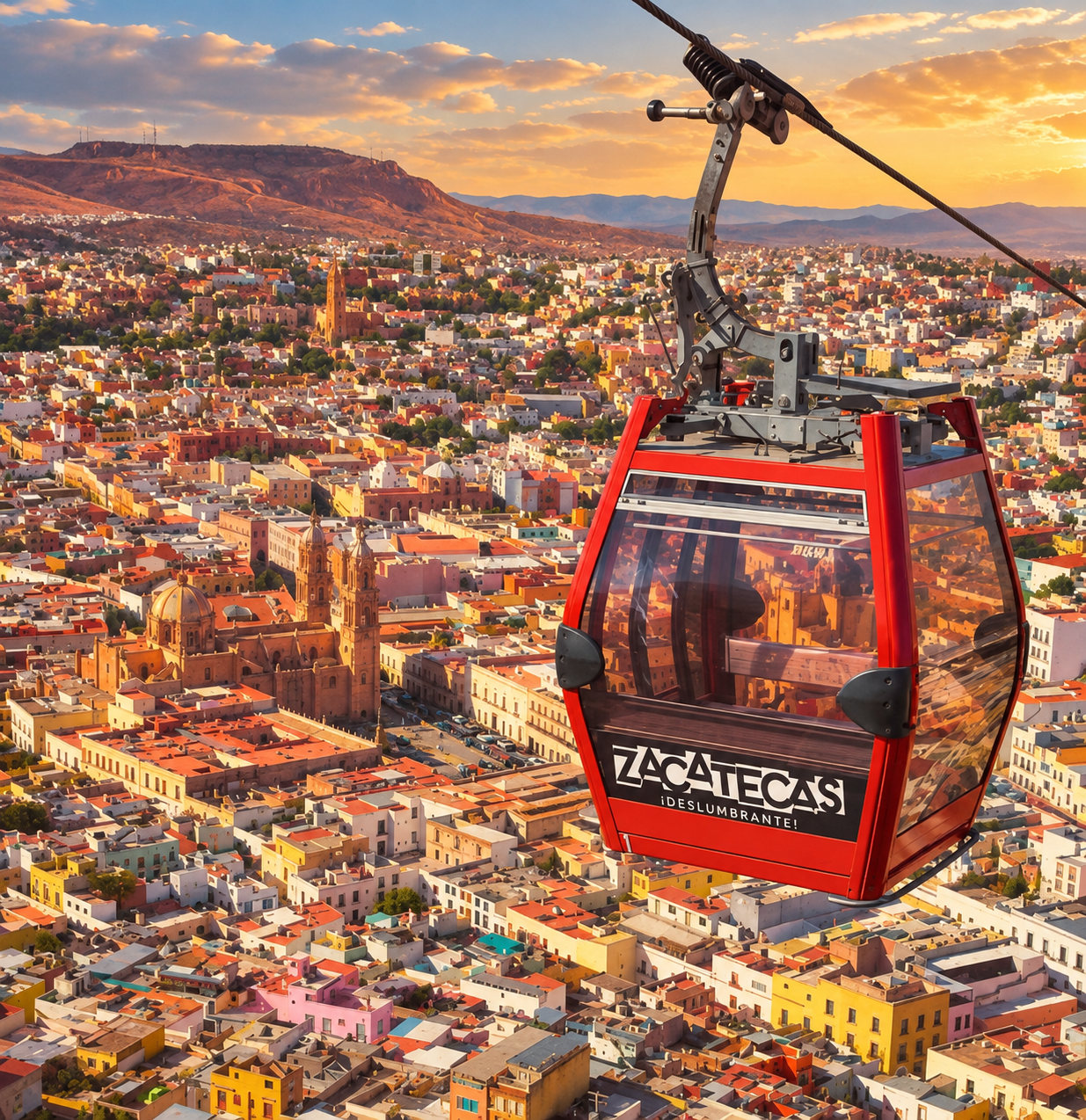 Cabina roja del teleférico sobre la ciudad de Zacatecas al atardecer